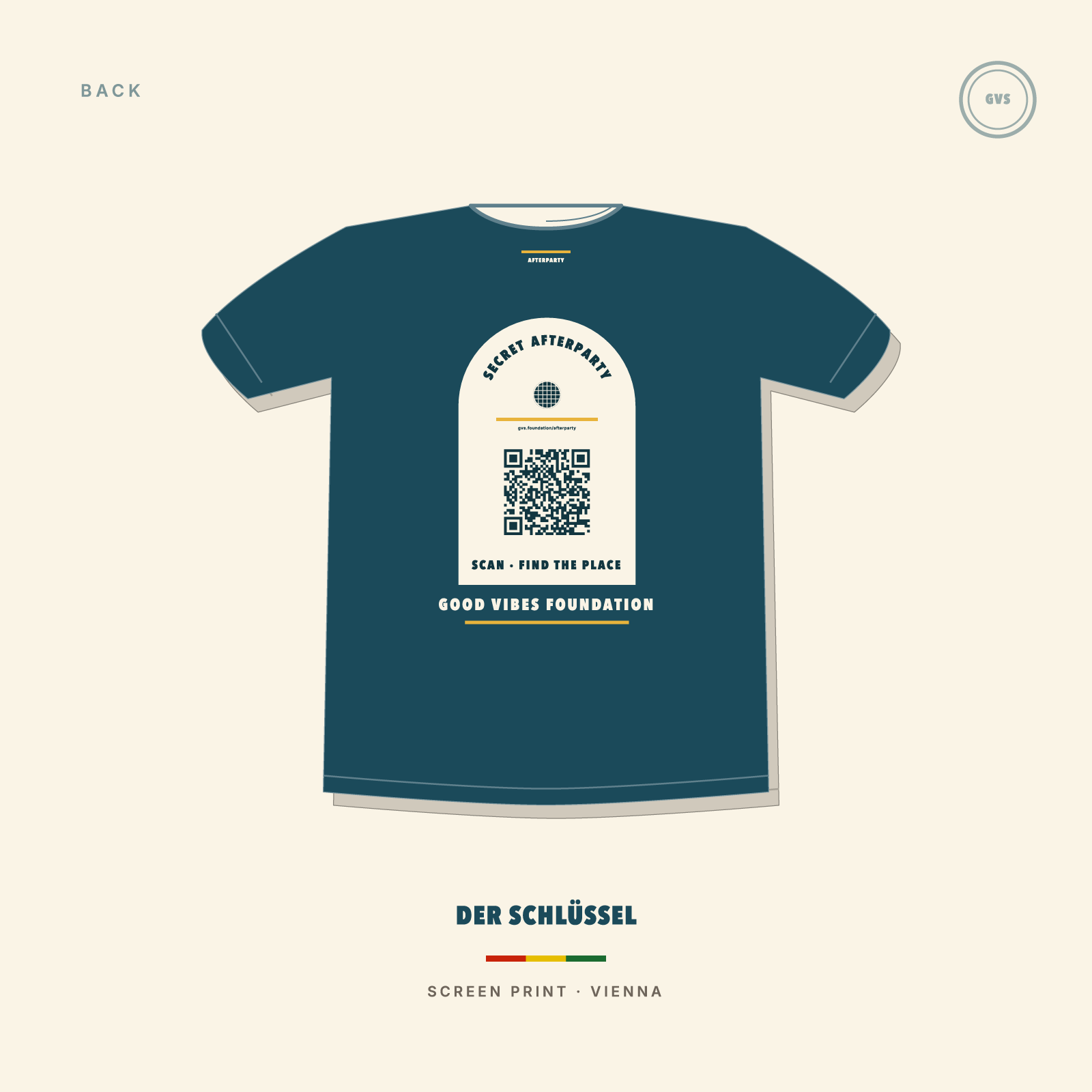 DER SCHLUESSEL t-shirt back — scannable QR code in a cream arch panel