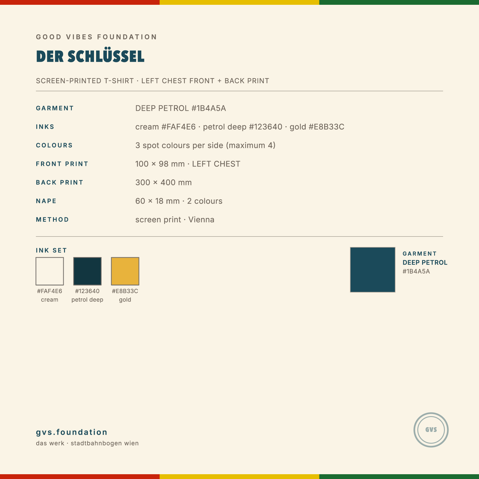 DER SCHLUESSEL print specification — 3 screen colours, 105 mm scannable QR