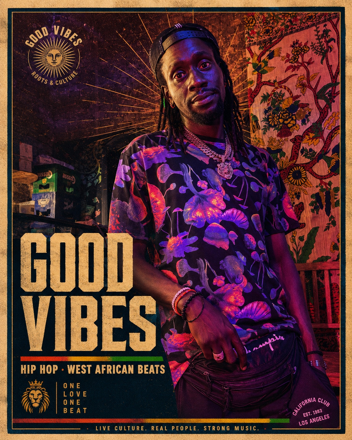 Diamond Makka, a GoodVibes club visitor, in a hip-hop and West African beats inspired Good Vibes portrait.