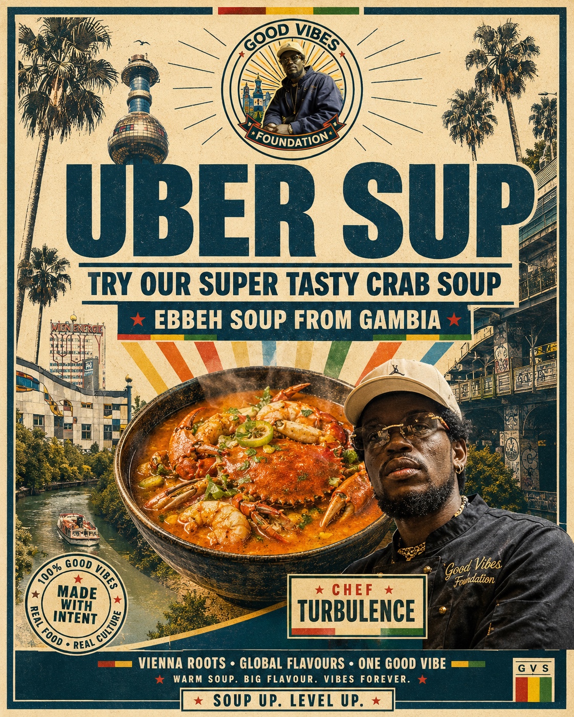 Ebbeh soup from Gambia with crab and seafood, prepared by Chef Turbulence for Good Vibes Foundation in Vienna