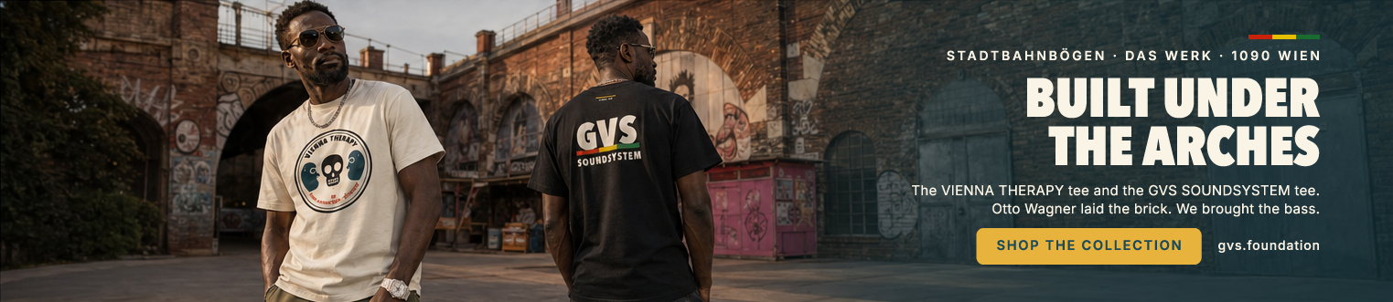 BUILT UNDER THE ARCHES — models in the VIENNA THERAPY and GVS SOUNDSYSTEM tees under Otto Wagner's Stadtbahn arches at Das Werk, golden hour