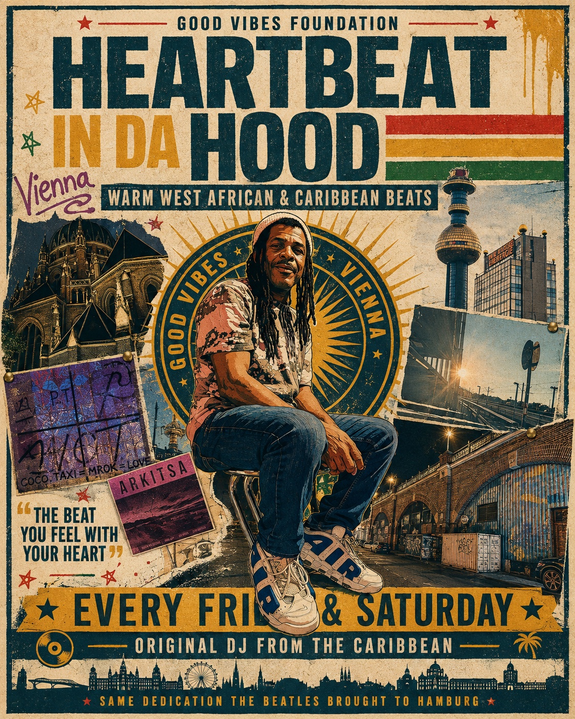 Heartbeat in da Hood poster for West African and Caribbean beats every Friday and Saturday at GoodVibes Foundation Vienna