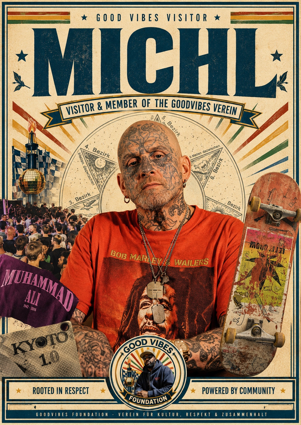 Michl, GoodVibes Foundation visitor and Verein member, featured in a Good Vibes Vienna community poster.