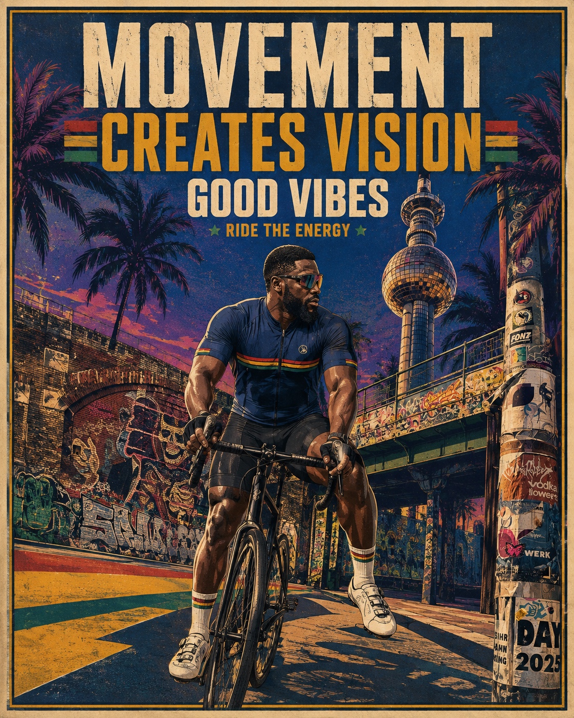 Movement Creates Vision poster — bold warm cycling community artwork