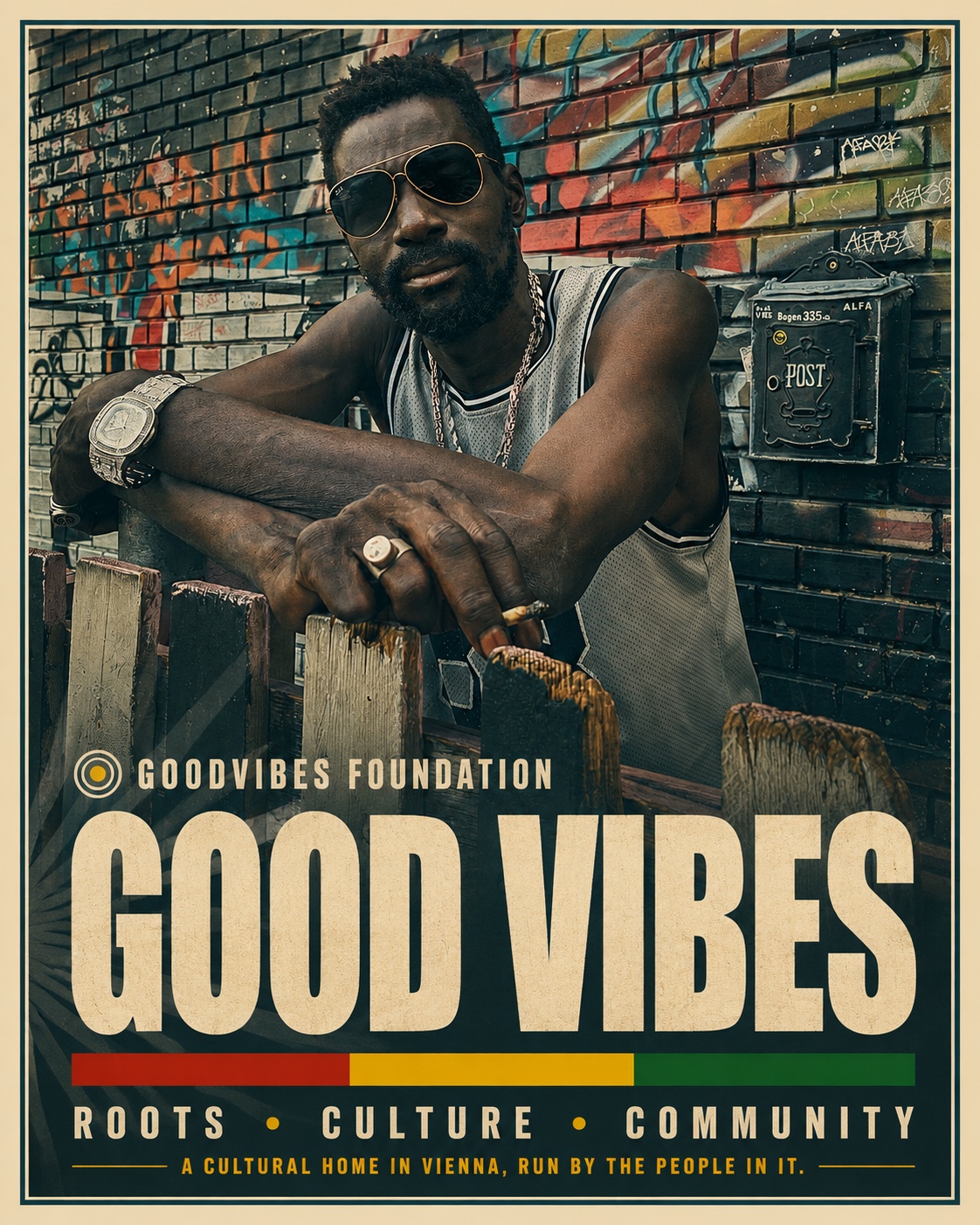 Alpha — Roots. Rhythm. Respect. GoodVibes poster: portrait in front of a graffiti wall at Bogen 335a