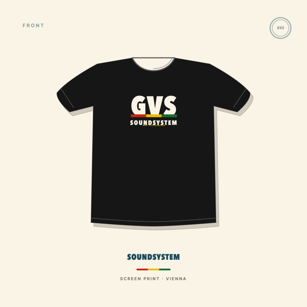 SOUNDSYSTEM crew t-shirt, black, front with GVS logotype and rasta tri-band