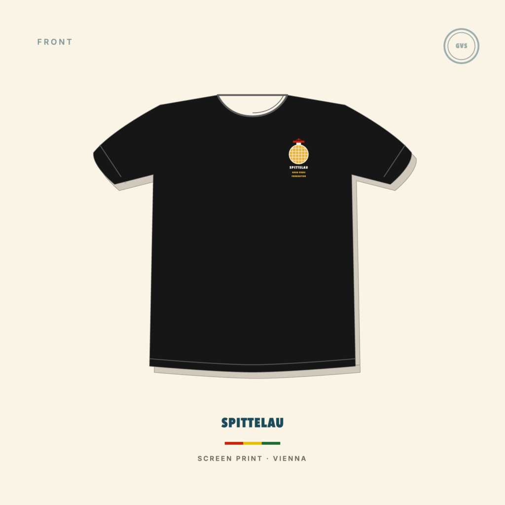 SPITTELAU t-shirt, black, front with small gold tower chest print