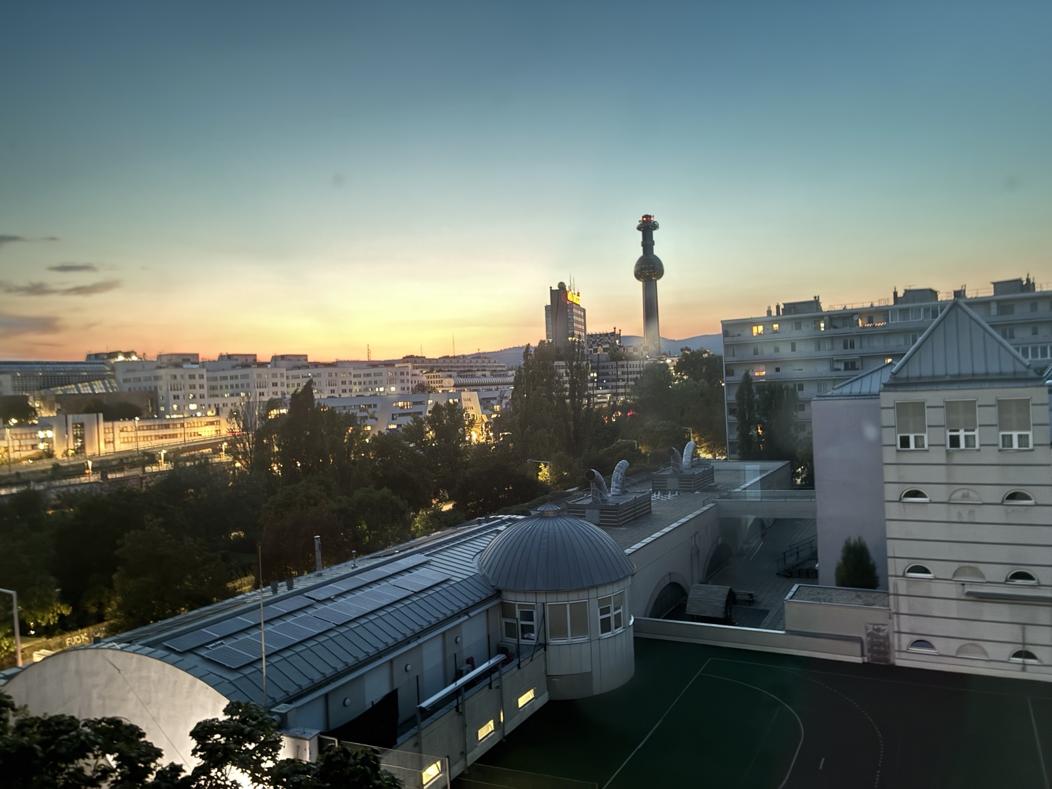 Evening view over Spittelau in Vienna at sunset