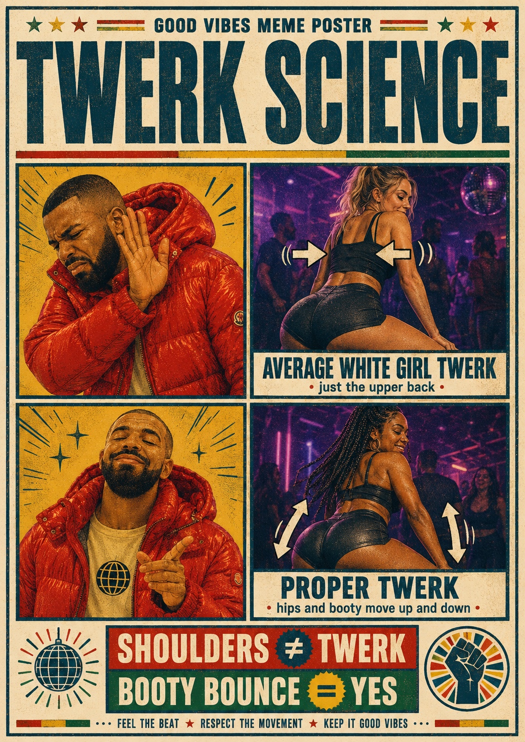 Good Vibes 'Twerk Science' meme poster comparing upper-back movement with hip/booty movement