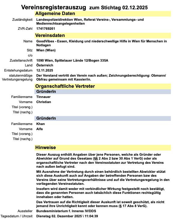 Official extract from the Austrian register of associations for GoodVibes, ZVR number 1741769261, as at 02.12.2025