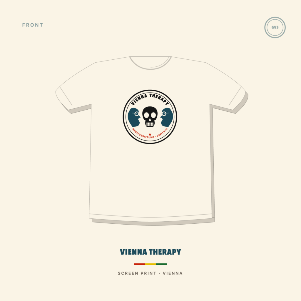 VIENNA THERAPY t-shirt, cream, front with circular medallion chest print