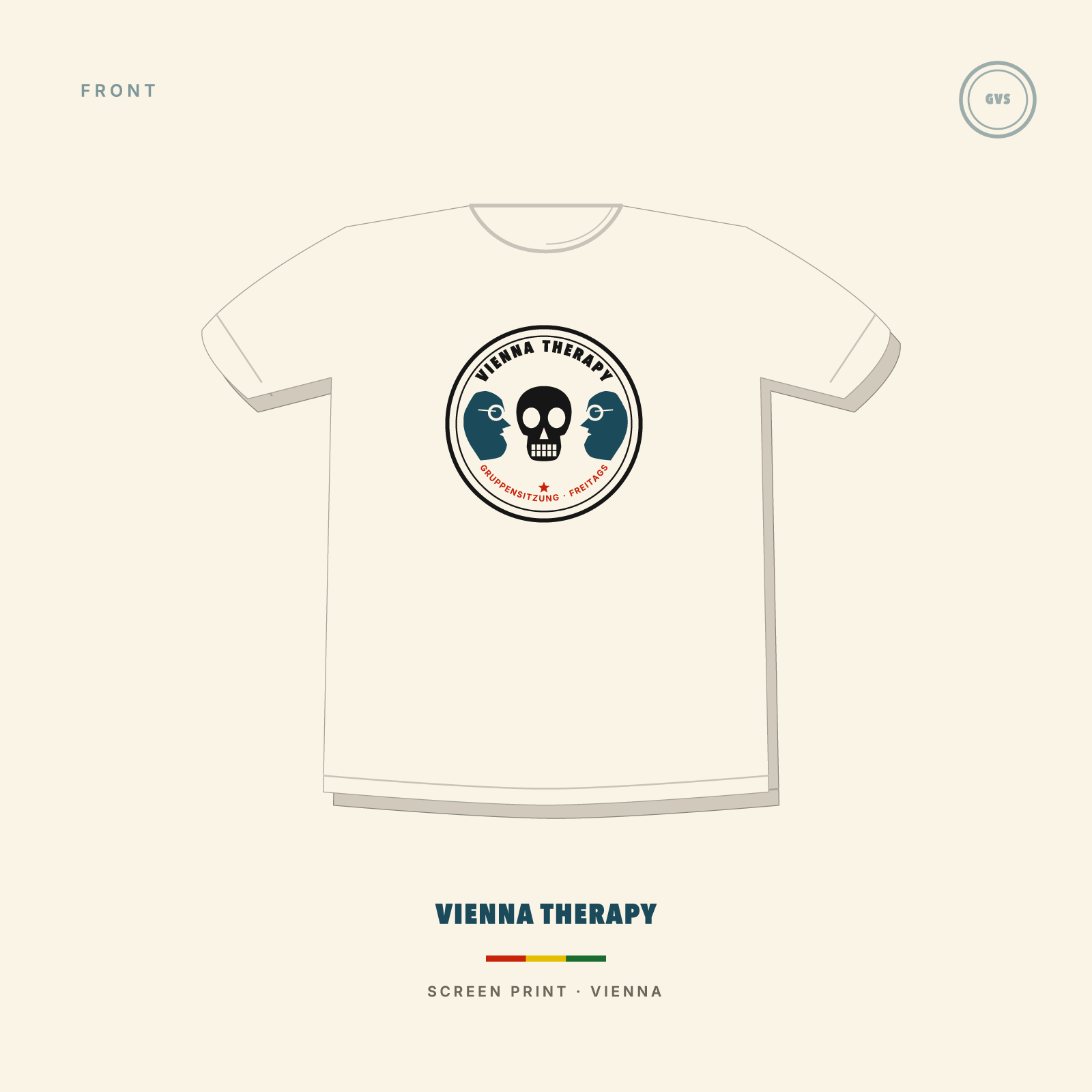VIENNA THERAPY t-shirt, cream, front with circular medallion chest print