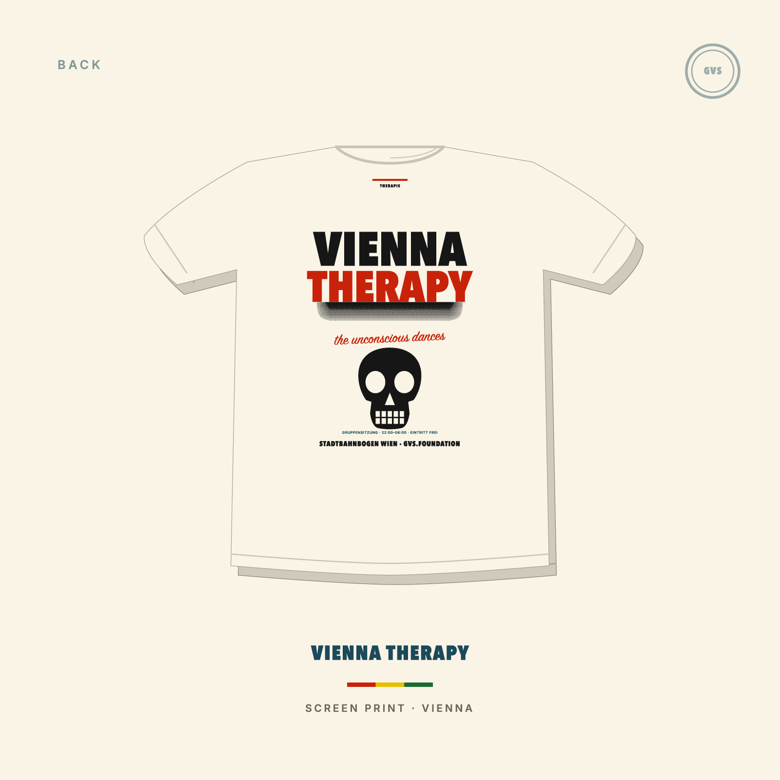VIENNA THERAPY t-shirt back print — halftone lettering, the unconscious dances