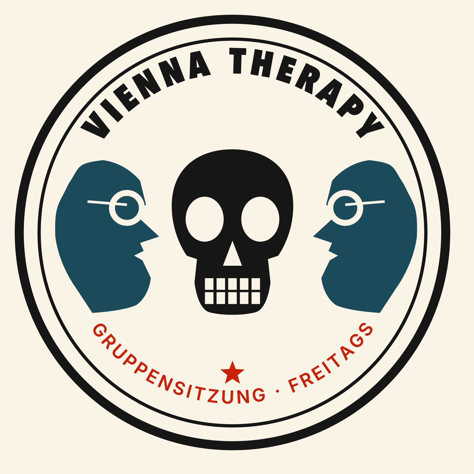 Close-up of the VIENNA THERAPY medallion — analyst profiles facing a skull
