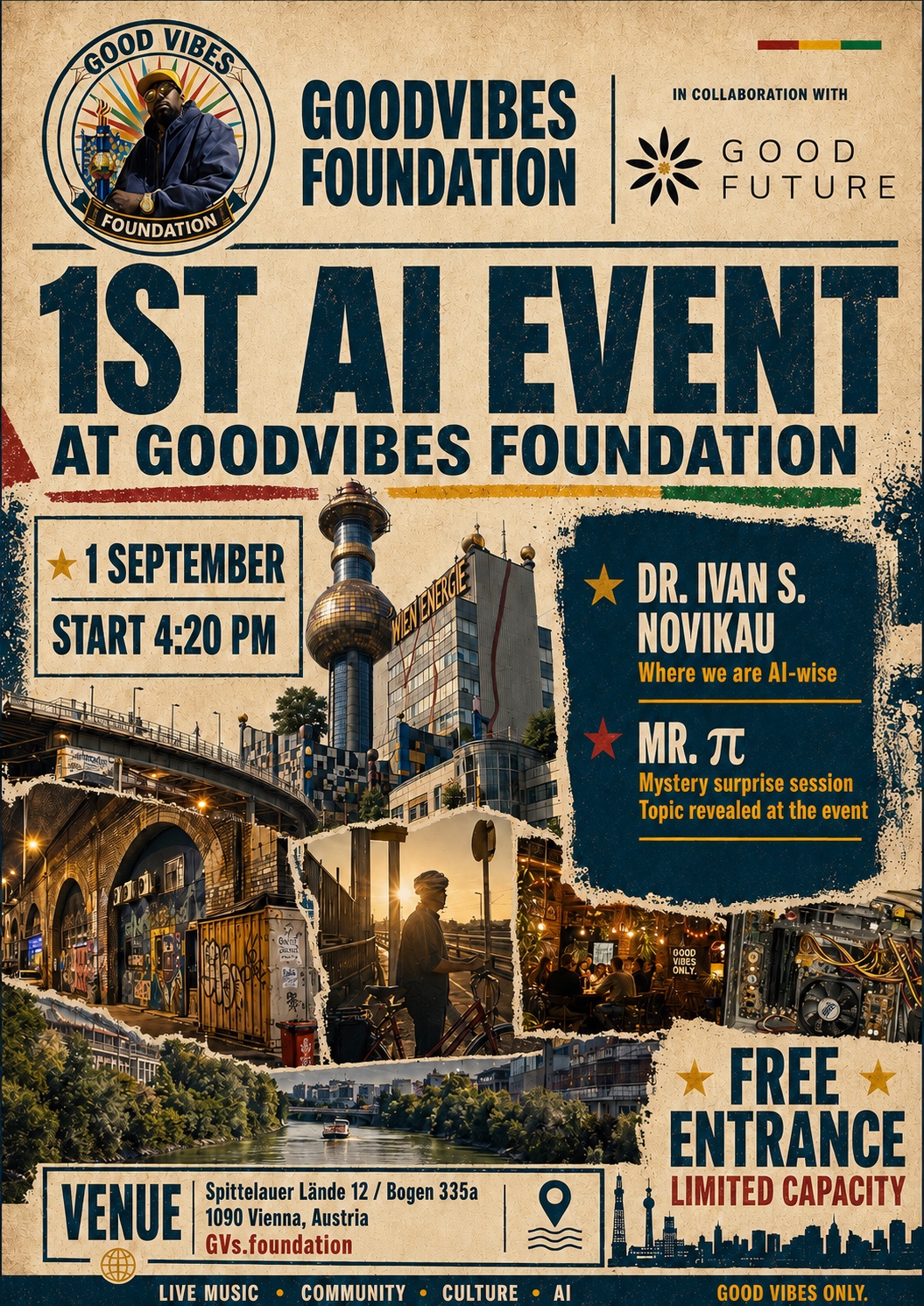 1st AI Event at GoodVibes Foundation flyer — 1 September, start 4:20 PM, free entrance, Spittelauer Lände 12, 1090 Vienna